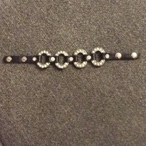 Brown leather, antique gold, rhinestone bracelet